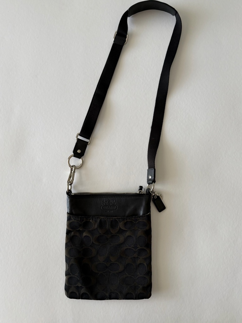 Coach Black Signature Crossbody Pouch with Leather Trim